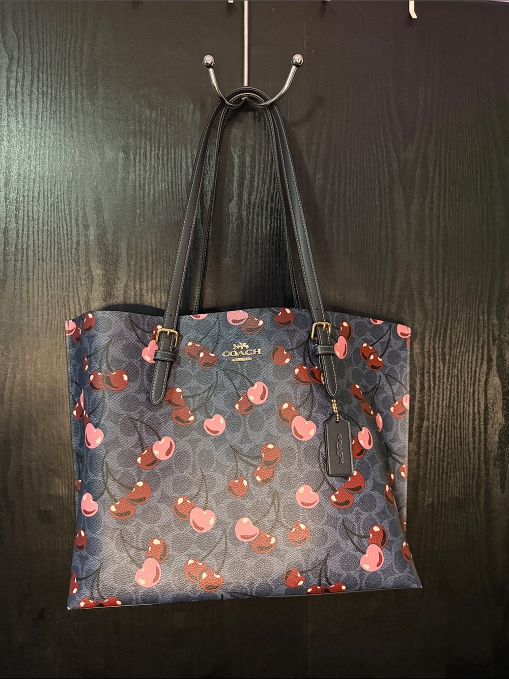 Coach Navy Cherry Print Tote with Pink & Red Accents